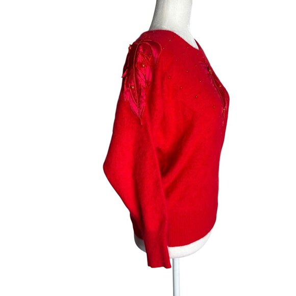 Vintage Fontaine Knit Red Angora Pullover Sweater Beaded Leaf Applique - Picture 5 of 7
